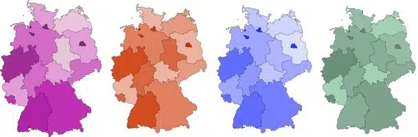 Darstellung der Netzabdeckung mit vier Deutschlandkarten nebeneinander in verschiedenen Farben